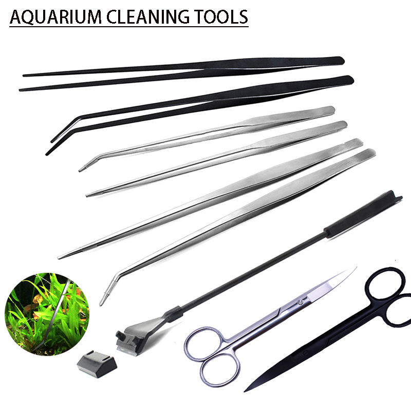 Planted Aquarium Maintenance Kit - Fish Tank เครื่องมือทำความสะอาดสแตนเลสตรง/Bent กรรไกรแหนบ Series สาหร่าย